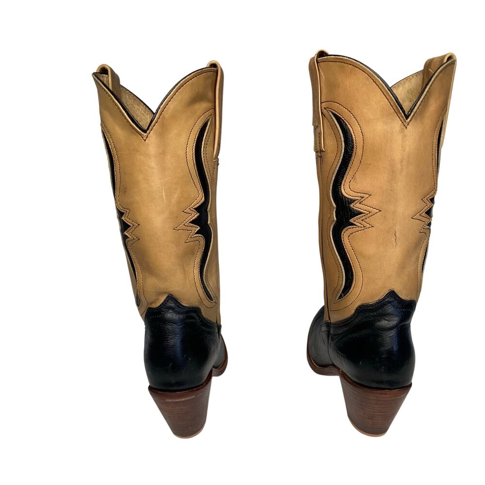 Frye Longhorn Inlay Leather Cowgirl Boots Sz 7.5 Black Tan Leather Vintage - Picture 6 of 16
